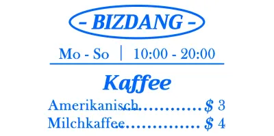 Einfaches, sauberes, textausgerichtetes Layout in Blau und Weiß für ein Café-Menübrett zur Information und Werbung