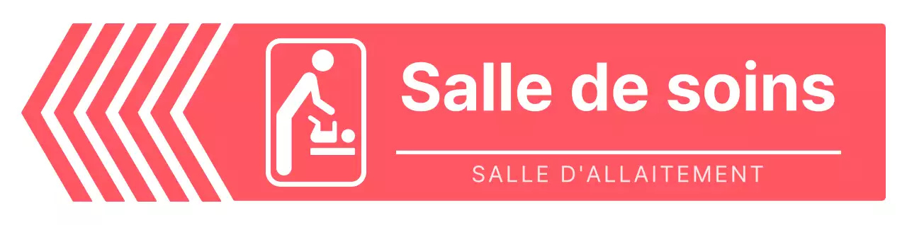 Des indications simples et nettes, sous forme de flèches, pour se rendre dans la salle de soins, en rose et blanc vifs.