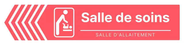 Des indications simples et nettes, sous forme de flèches, pour se rendre dans la salle de soins, en rose et blanc vifs.