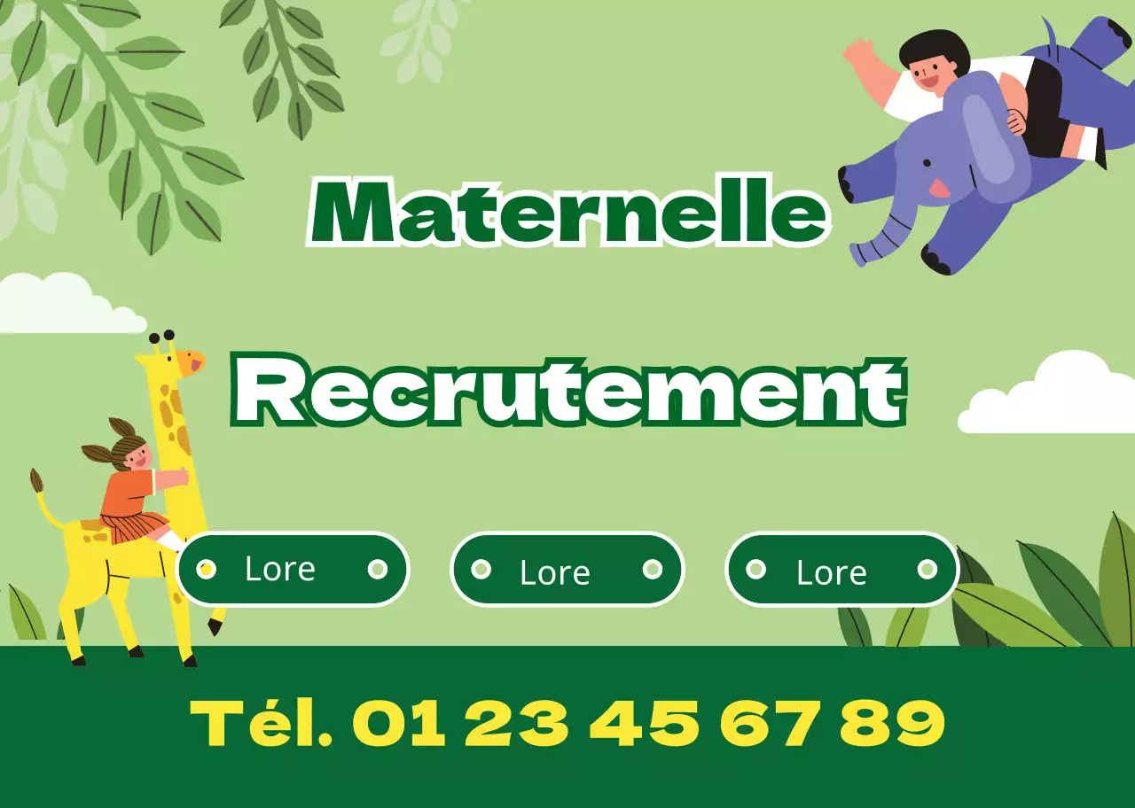 Illustration d'un personnage vert et mignon Recrutement pour l'école maternelle