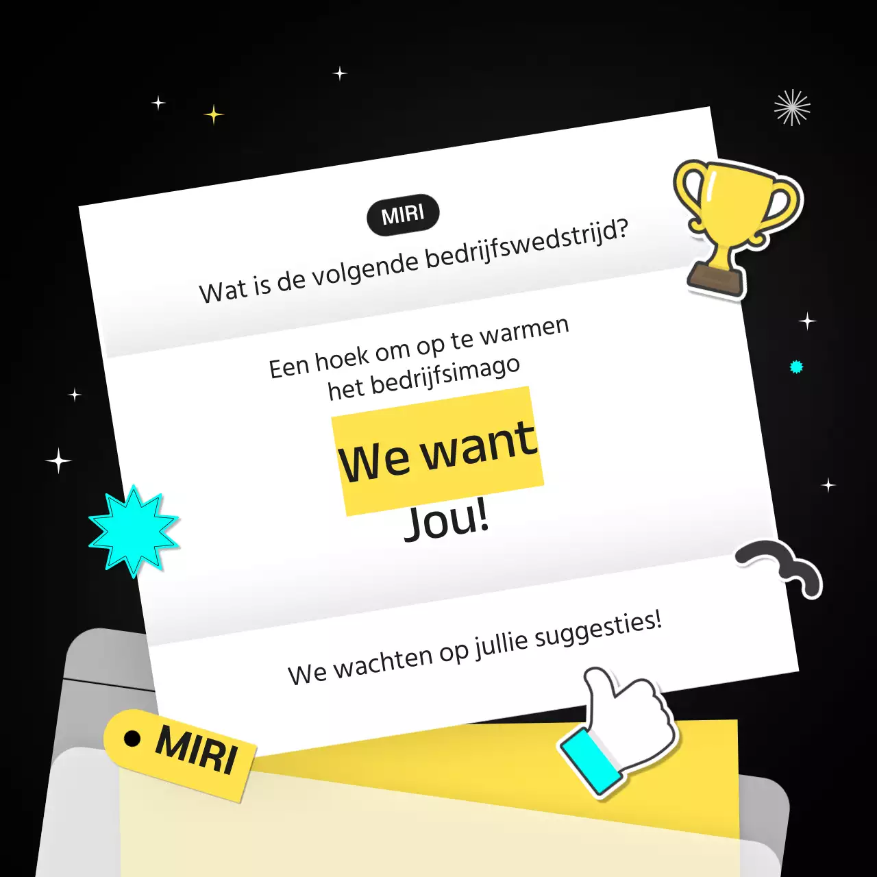 Sloganwinnaars aangekondigd in zwart-wit met lichtblauwe en gele stippen CardNews