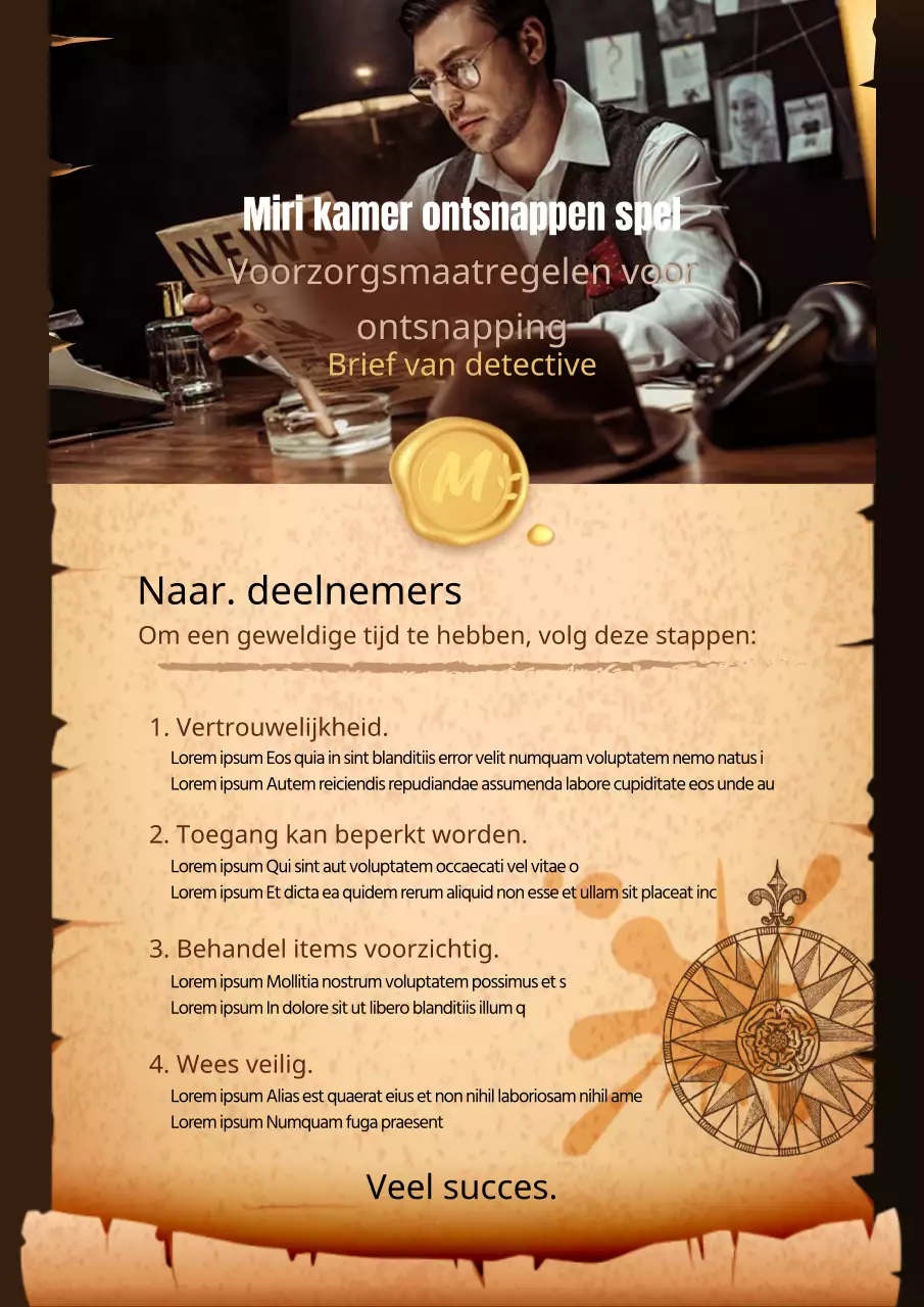 Escape Room voorwaarden en beloftes in bruin, vintage briefpapier.