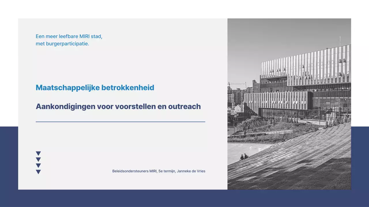 Een eenvoudig rapport met een voorstel voor maatschappelijke betrokkenheid in marineblauw en wit