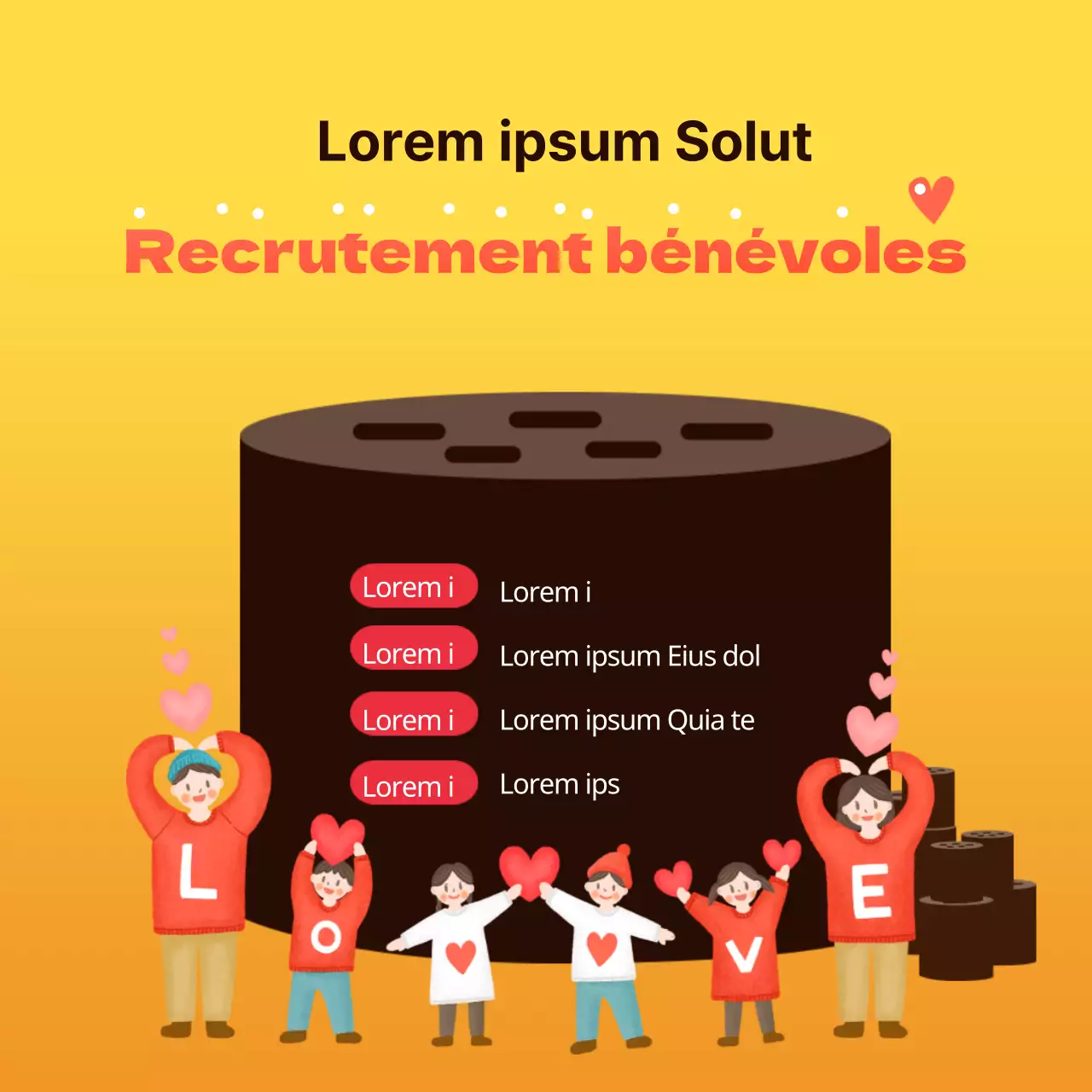 Jaune multicolore chaud bébé illustration briquette partage de l'affiche de recrutement des volontaires