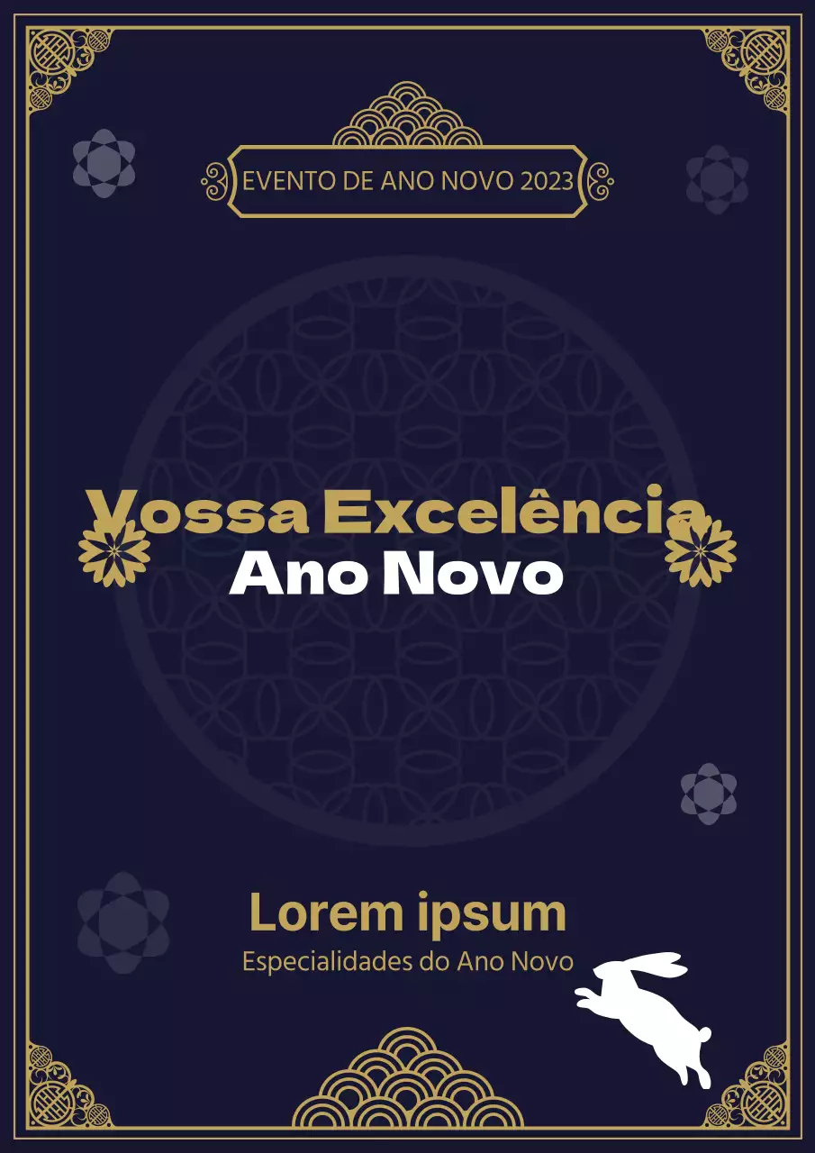 Cartaz de Ano Novo em azul e dourado