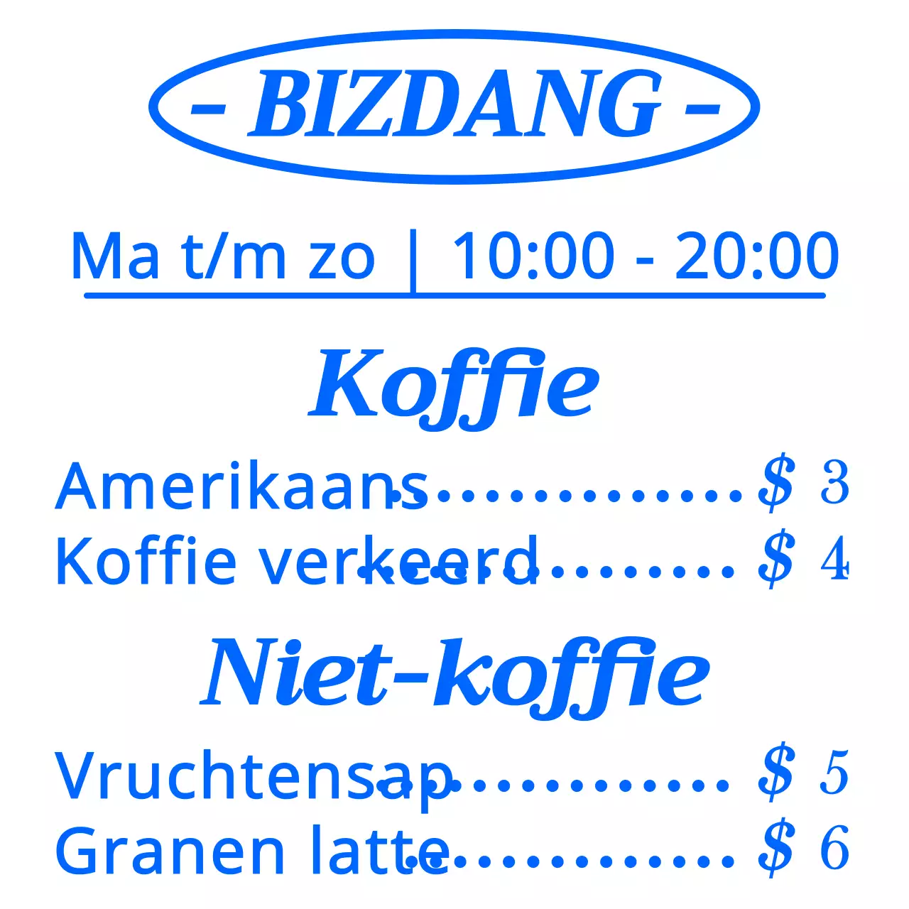 Eenvoudige, strakke lay-outstijl met uitgelijnde tekst in blauw en wit voor een menubord in een café voor informatie en promotie