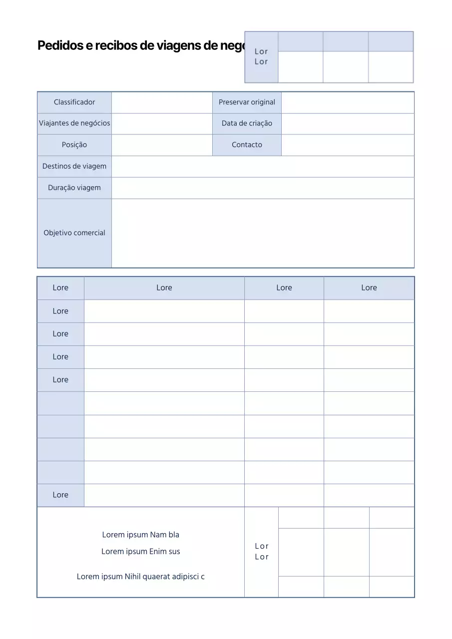 Modelo simples de documentação de declaração de despesas e recibos em azul