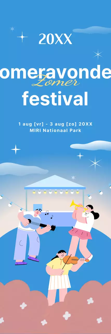 Het ontwerp van het zomerfestival met lichtblauwe en roze zangersillustratie