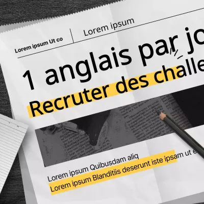 Appel à des "English Challengers" avec un concept de journal en noir et jaune