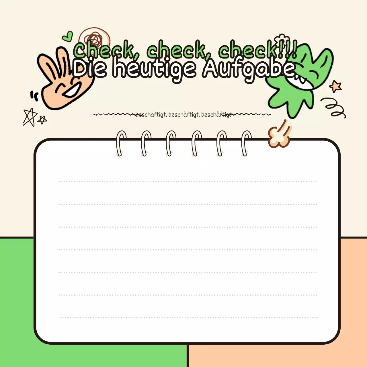 Notizblock mit grünen und orangefarbenen, von Kritzeleien inspirierten Illustrationen und Handschrift