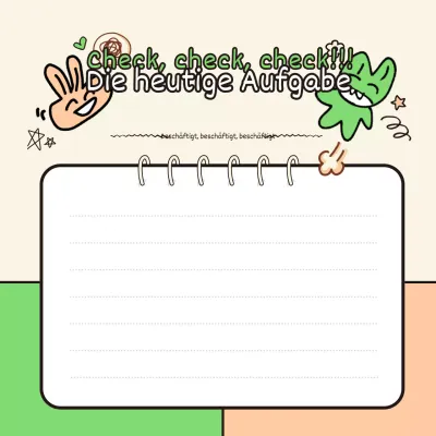 Notizblock mit grünen und orangefarbenen, von Kritzeleien inspirierten Illustrationen und Handschrift