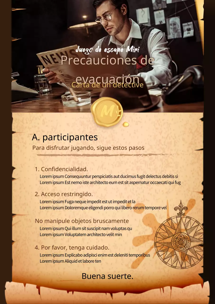 Advertencias y promesas de Escape Room en papel de carta vintage marrón.