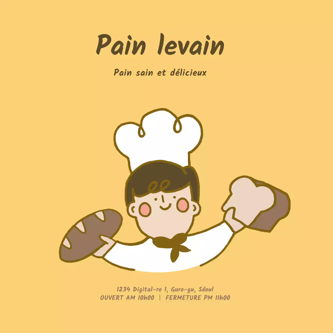 Carte postale de boulangerie avec personnage jaune et mignonCarte postale