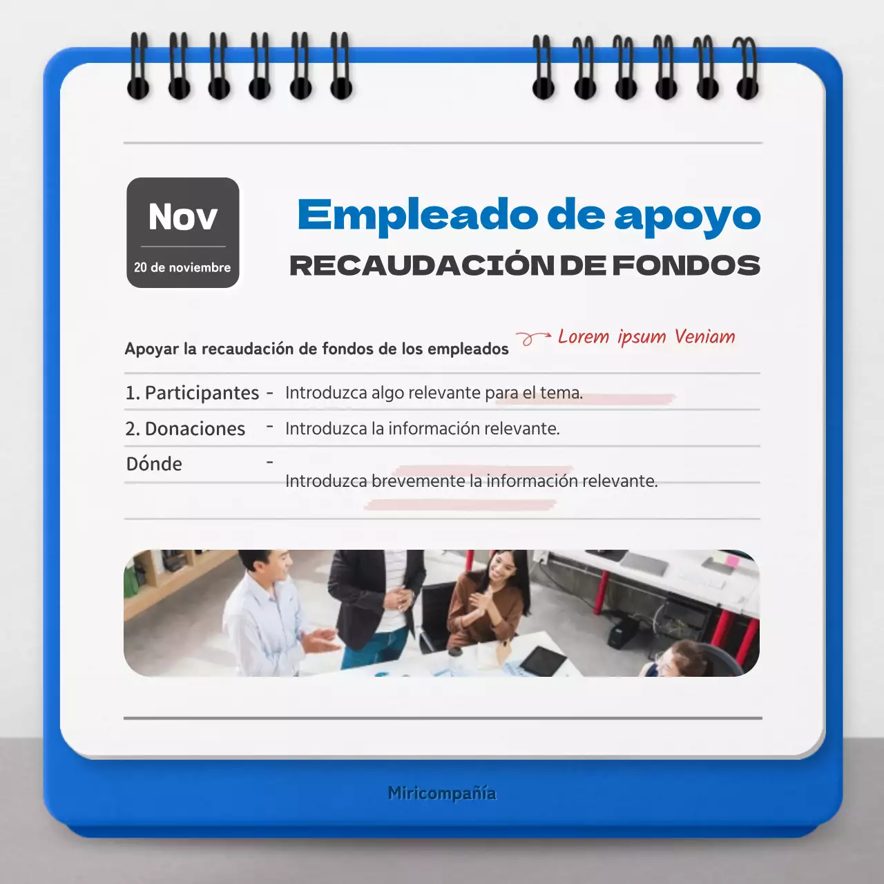 Promover la responsabilidad social de las empresas con un concepto de calendario rojo y azul