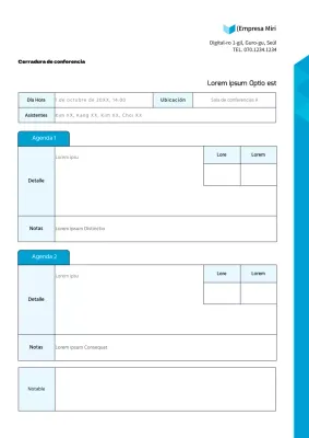 Formato del documento del acta de la reunión de la empresa en puntos azul claro