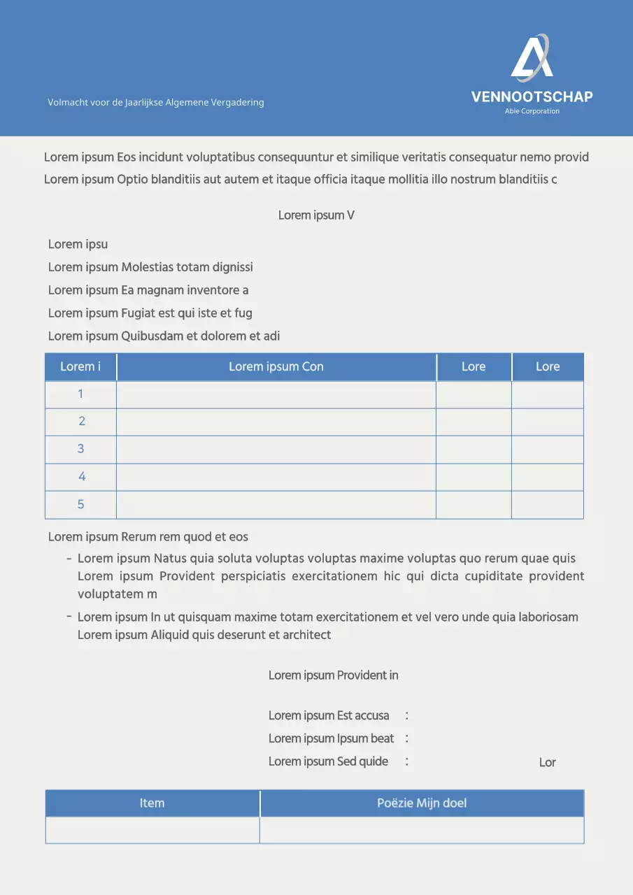 volmacht voor bluetone algemene vergadering van aandeelhouders zakelijk document sjabloon