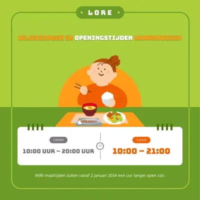 Bedrijfsuren aankondiging thema met schattige illustraties in chartreuse-oranje en eenvoudige ronde frame concept