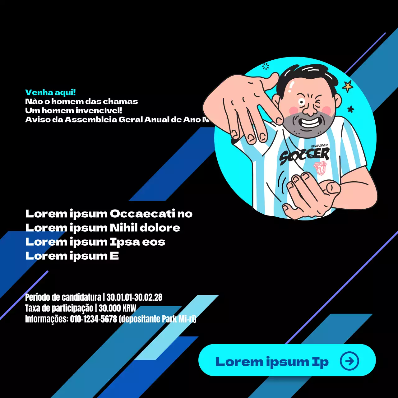 Anúncio da reunião geral de Ano Novo para a equipa de futebol do tio preto e azul com um conceito de ilustração divertido