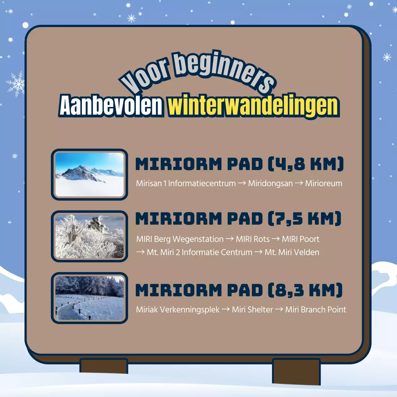 Veiligheid in de bergen in de winter met kastanjebruine en lichtblauwe borden