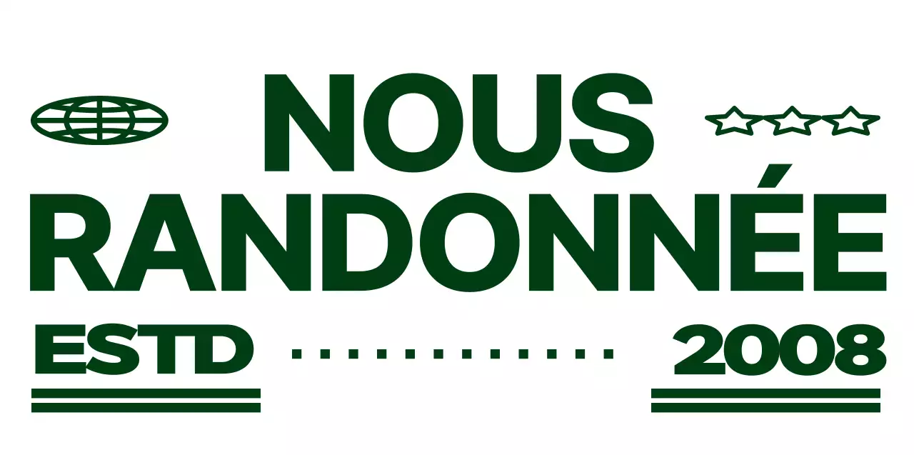 Combinaison de texte et de personnage de montagne mignon et branché en vert et blanc. Logo pour la promotion et la marchandise d'un club de montagne.