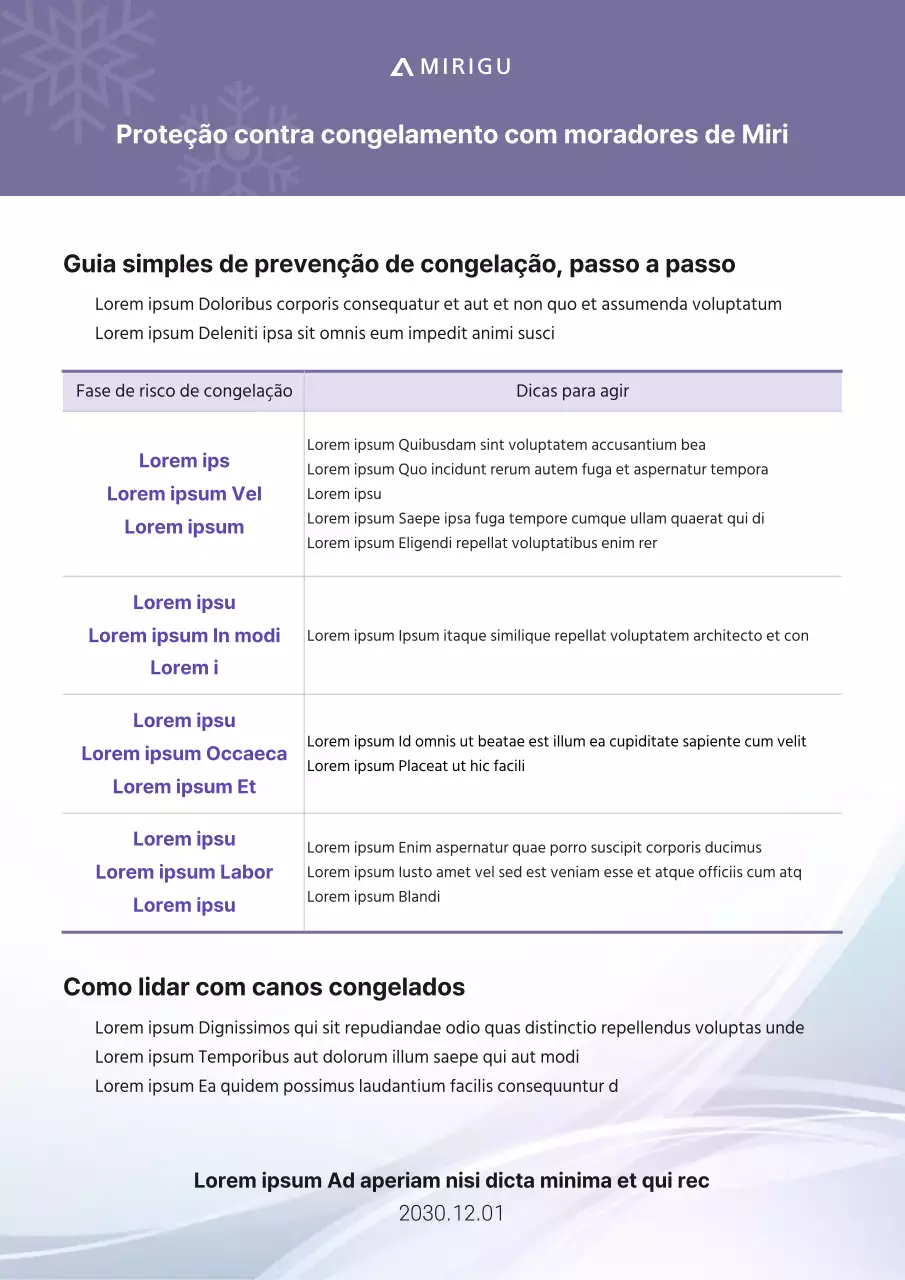 Formatar um documento de aviso de prevenção de congelamento de cor púrpura