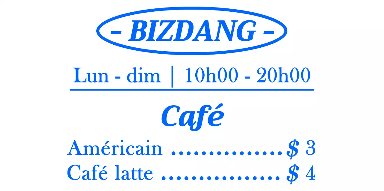 Style de mise en page simple, propre et aligné sur le texte, en bleu et blanc, pour un panneau de menu de café à des fins d'information et de promotion.
