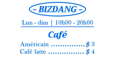 Style de mise en page simple, propre et aligné sur le texte, en bleu et blanc, pour un panneau de menu de café à des fins d'information et de promotion.
