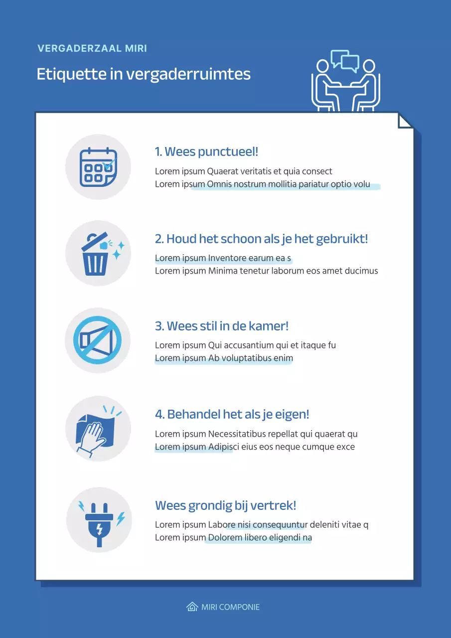 Eenvoudige blauwe pictogrammen voor documentatie over regels voor vergaderruimtes