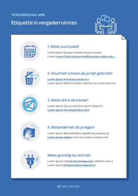 Eenvoudige blauwe pictogrammen voor documentatie over regels voor vergaderruimtes