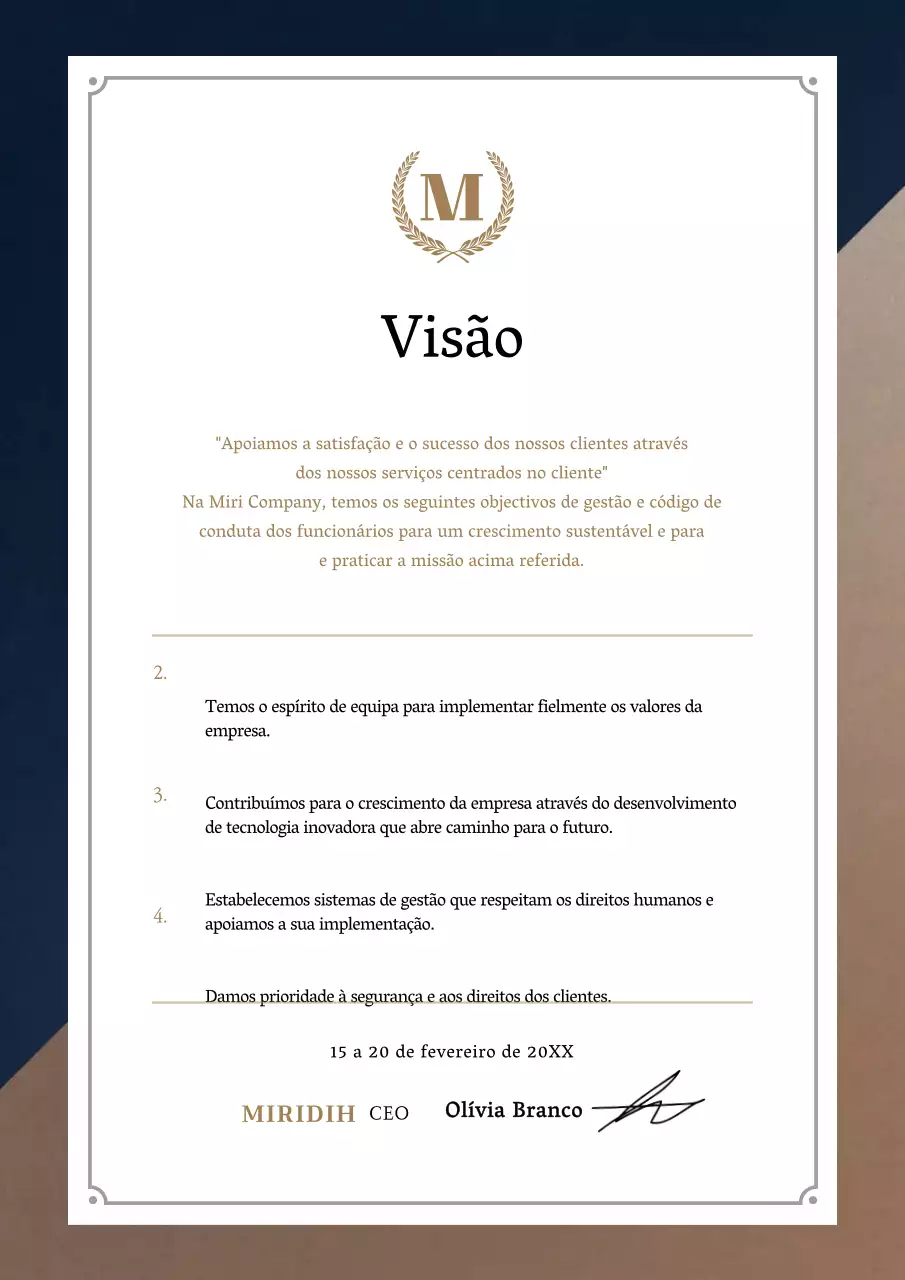 Documentar uma declaração de visão para uma empresa de topo de gama