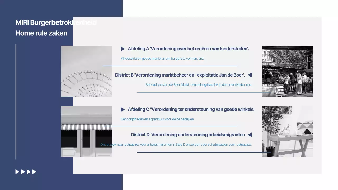 Een eenvoudig rapport met een voorstel voor maatschappelijke betrokkenheid in marineblauw en wit
