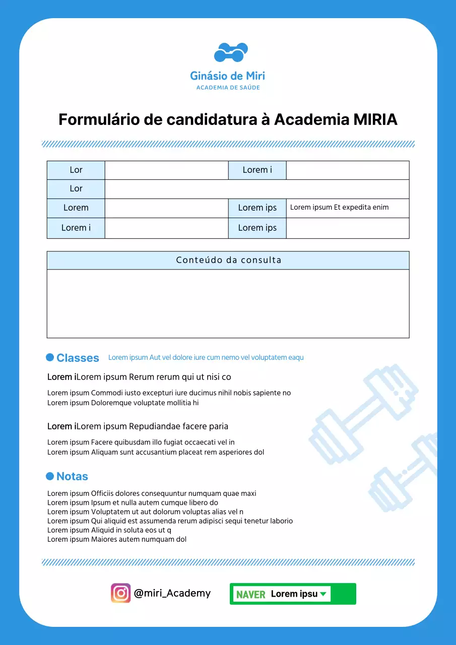Formulário de pedido de admissão a uma escola de educação física a azul claro