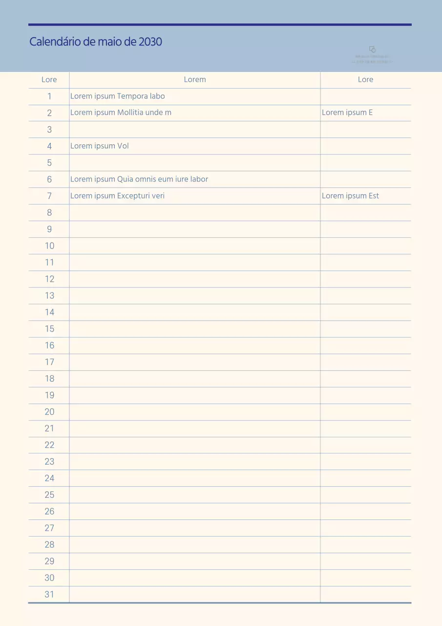 Calendário no tema de notas azul e bege