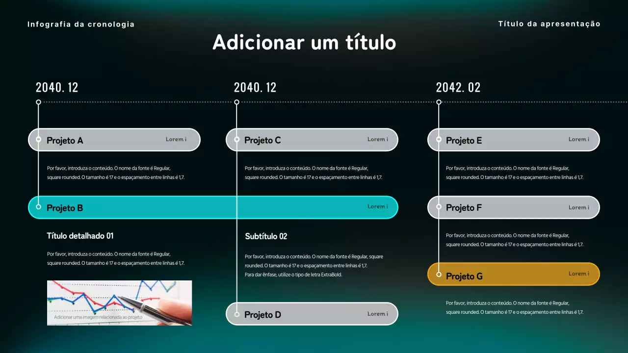 Infografia de linha cronológica em tons de preto e azul