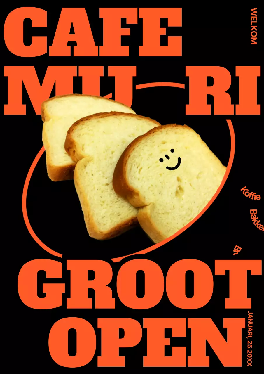 Een hip bakkerijcafé openen in zwart en neonoranje (webposter verticaal)