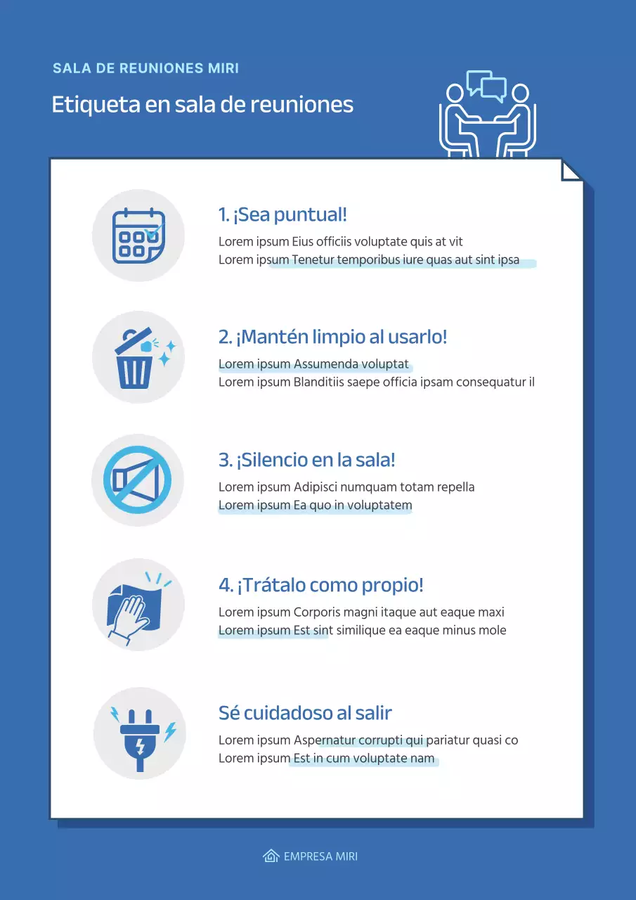 Iconos azules sencillos para la documentación sobre las normas de las salas de reuniones