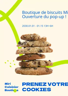 Pop-up Cookie Shop avec un concept de dessin au trait dans des couleurs contrastées de bleu et de chartreuse