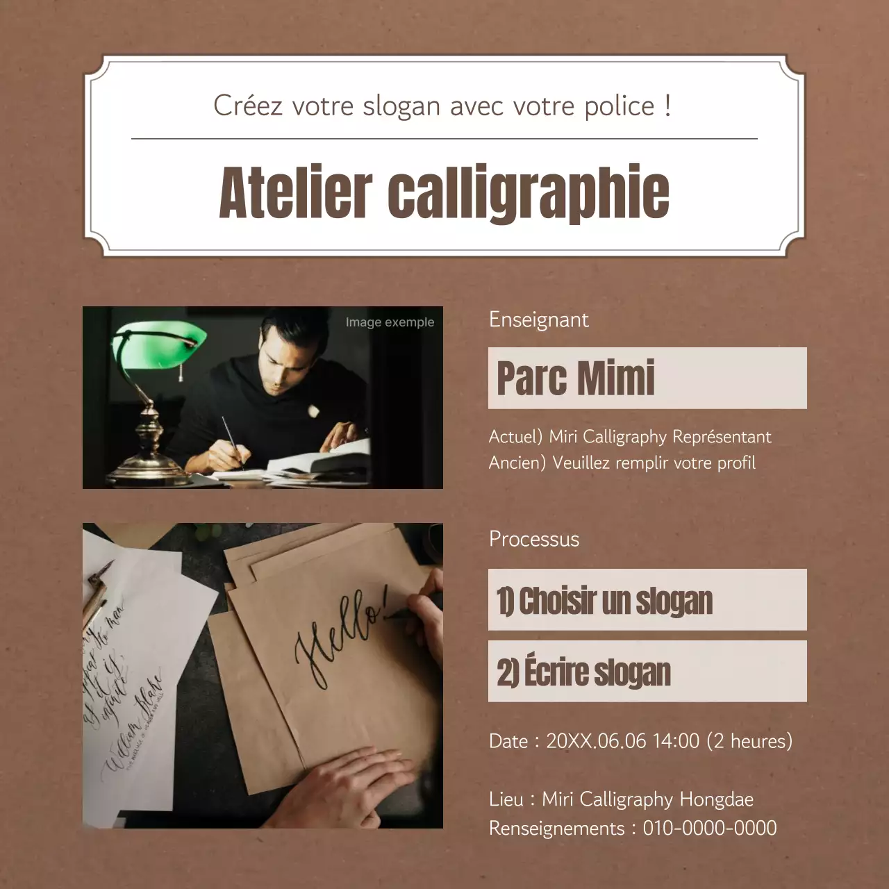 Calligraphie avec étiquettes vintage en papier brun annonce d'un cours d'une journée