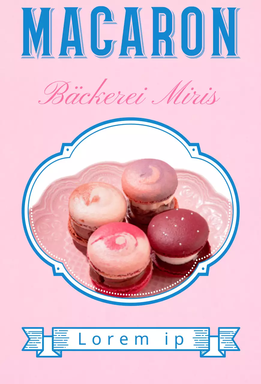 Macaron-Café mit rosa und blauem Titel