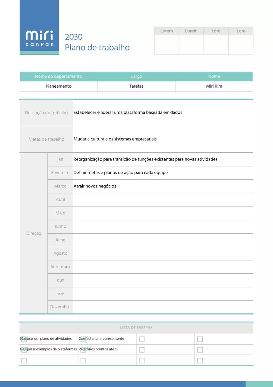 Plano de trabalho anual mensal a azul e menta