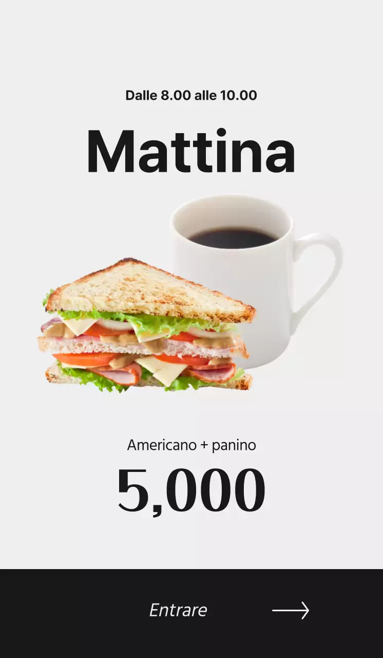 Promuovete la vostra caffetteria con immagini di caffè e caratteri neri per un look pulito