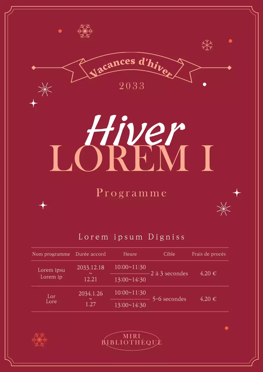 Programme des vacances d'hiver de la bibliothèque en rouge