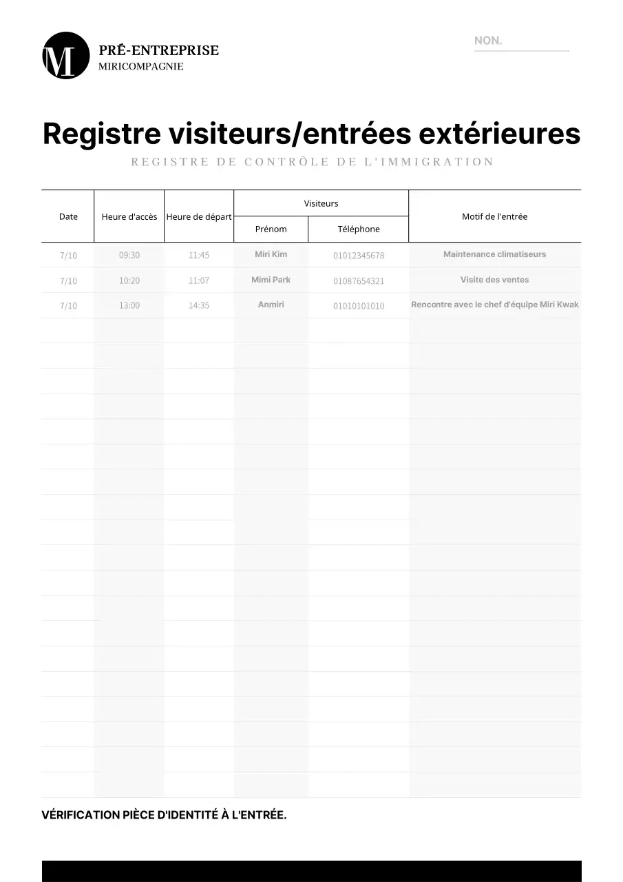 Modèle de registre des accès/sorties des personnes extérieures (noir et gris)