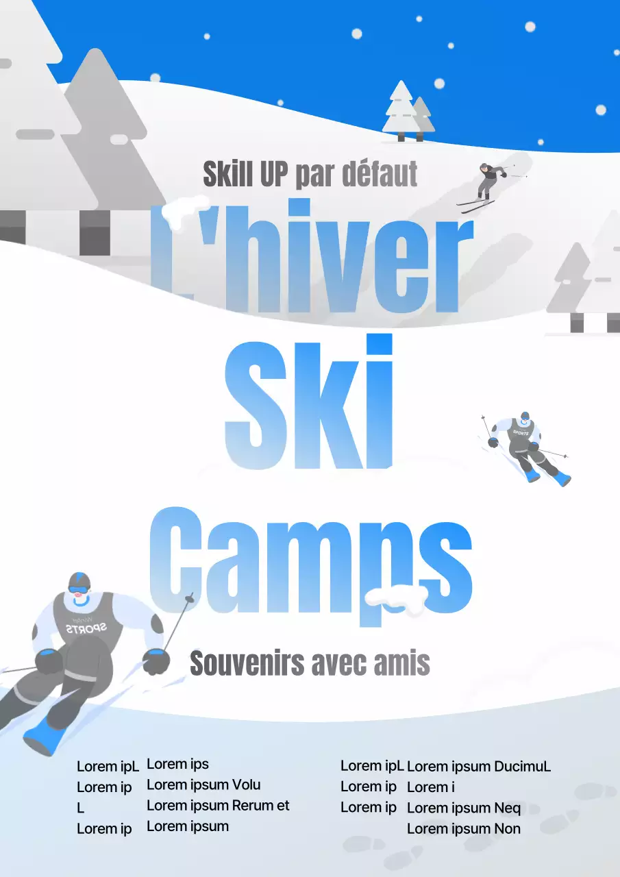 Recrutement pour un camp de ski d'hiver sur fond blanc et bleu (webposter vertical)