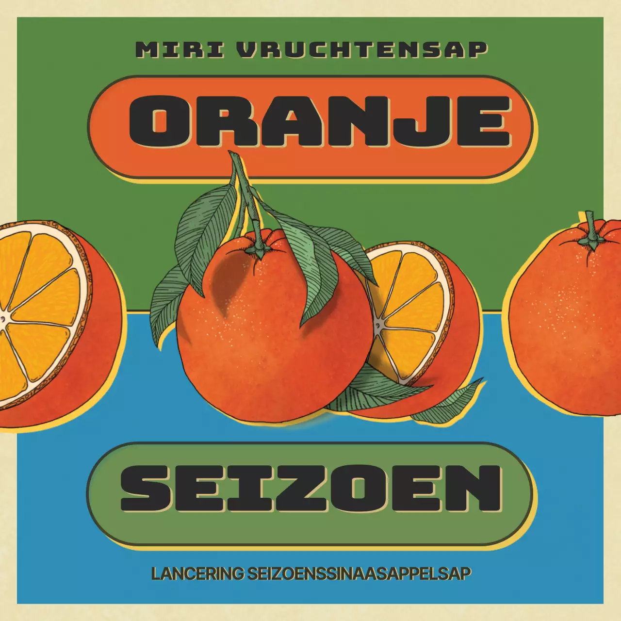 Oranje en groen pop-art concept introduceert seizoensgebonden fruitmenu