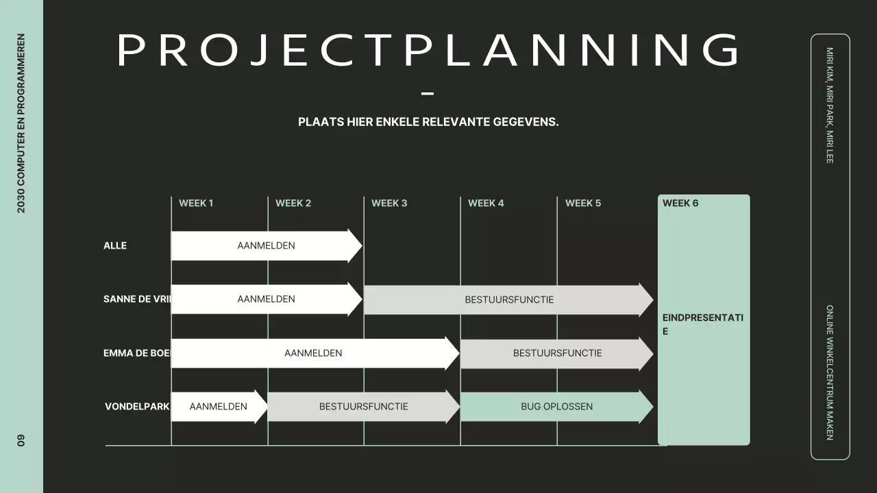 Een duidelijk projectoverzicht presenteren met zwarte en mintkleurige afbeeldingen