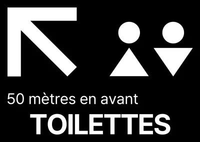 Style simple en noir et blanc avec des icônes de toilettes modernes et des indications textuelles.