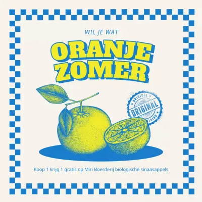 Een geel-blauw, op vintage geïnspireerd verkooppraatje voor fruit