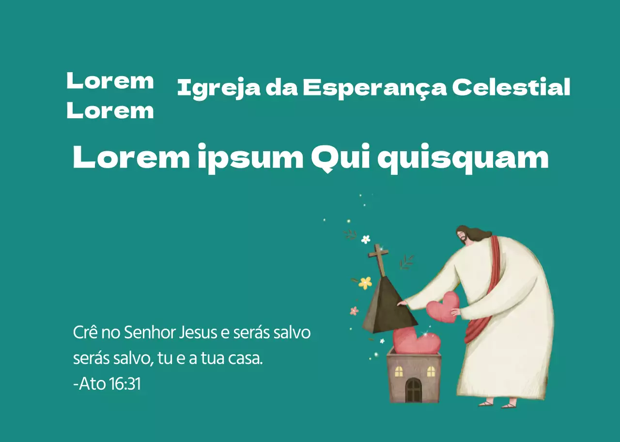 Ilustração de uma personagem verde para promoção de uma igreja