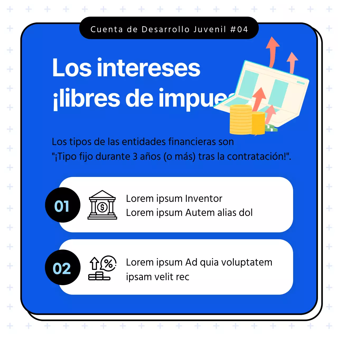 Material promocional ilustrado en azul y blanco para las Cuentas de Jóvenes Adultos